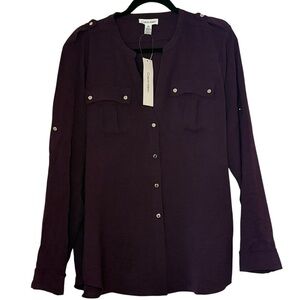 Calvin Klein eggplant purple long roll tab sleeve v neck with buttons Large NEW